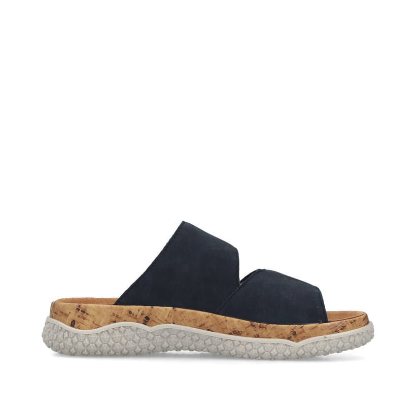 Mules Rieker bleues femme V0300-14 en cuir velours avec fermeture velcro. Côté intérieur de la chaussure.