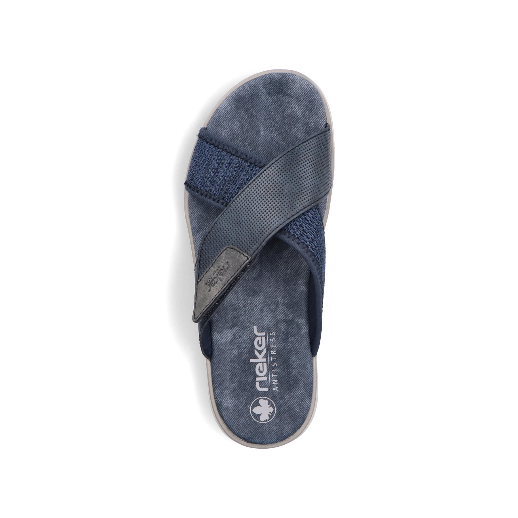 Blaue Rieker Herren Pantoletten 29083-14 mit Rieker Air Sohlenfenster. Schuh von oben.