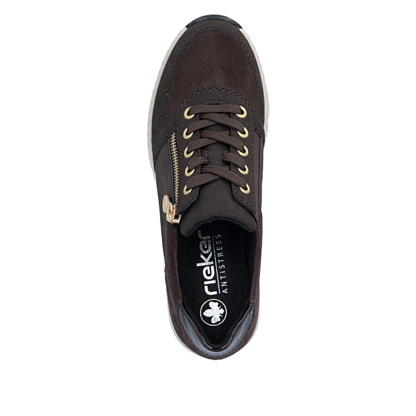 Dunkelbraune Rieker Damen Sneaker Low N6314-25 mit einem Reißverschluss. Schuh von oben.