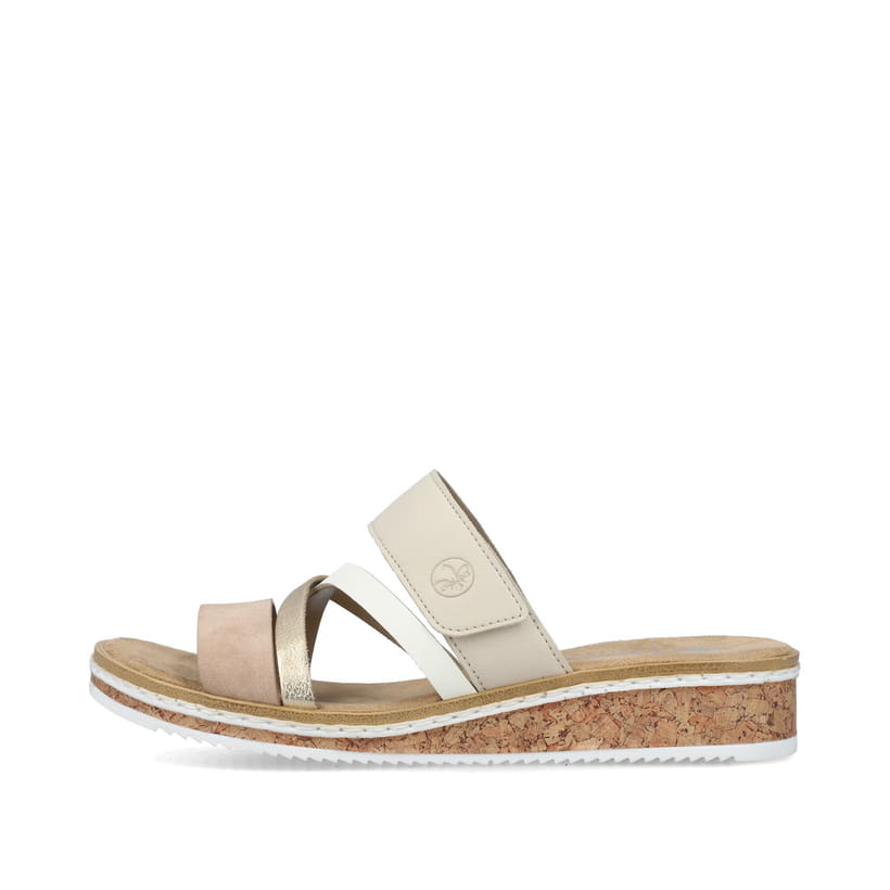 Beige Rieker Damen Pantoletten V3652-94 mit Klettverschluss sowie leichter Sohle. Schuh Außenseite.