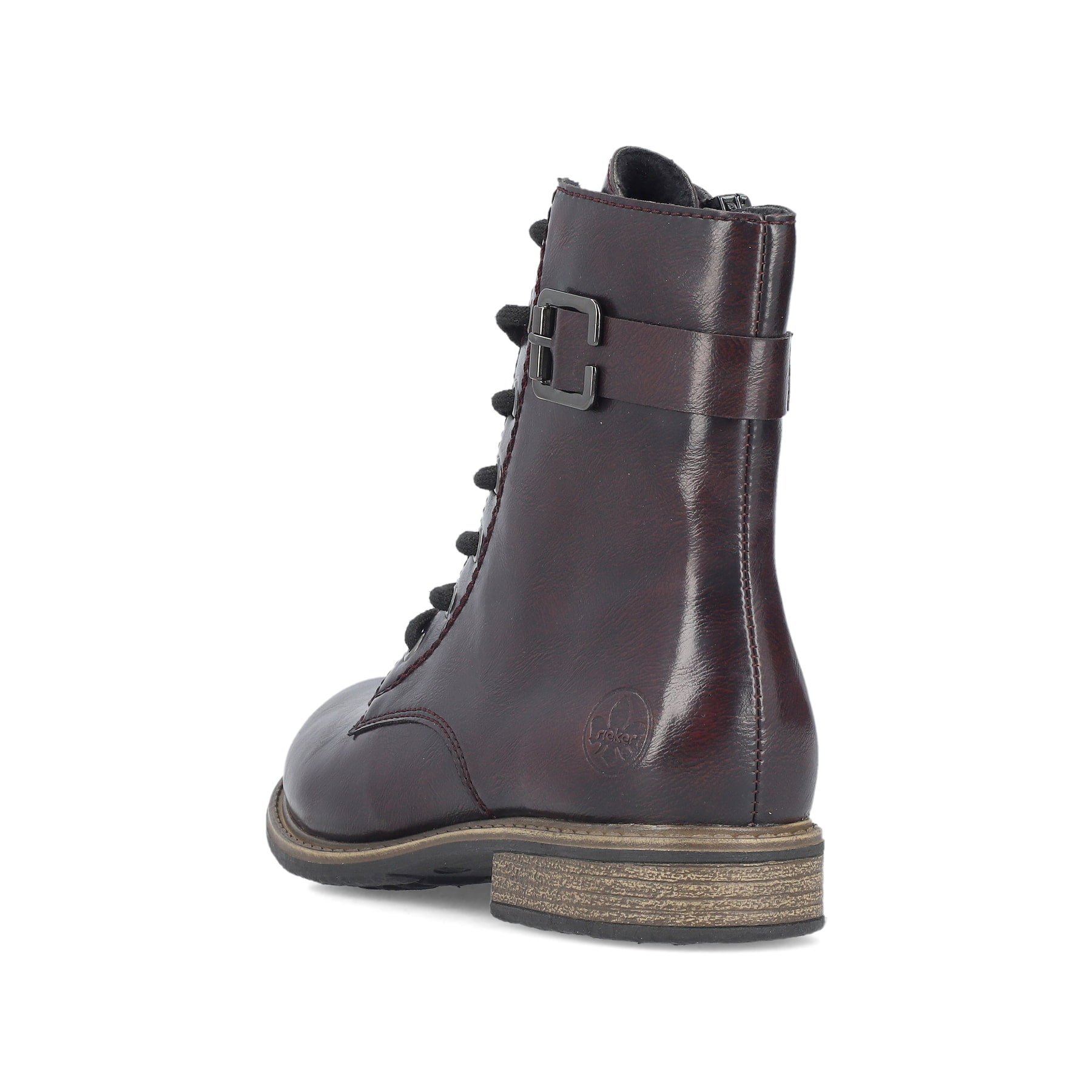 Schwarz-rote Rieker Damen Schnürstiefel 74802-35 mit einem Reißverschluss. Schuh von hinten.