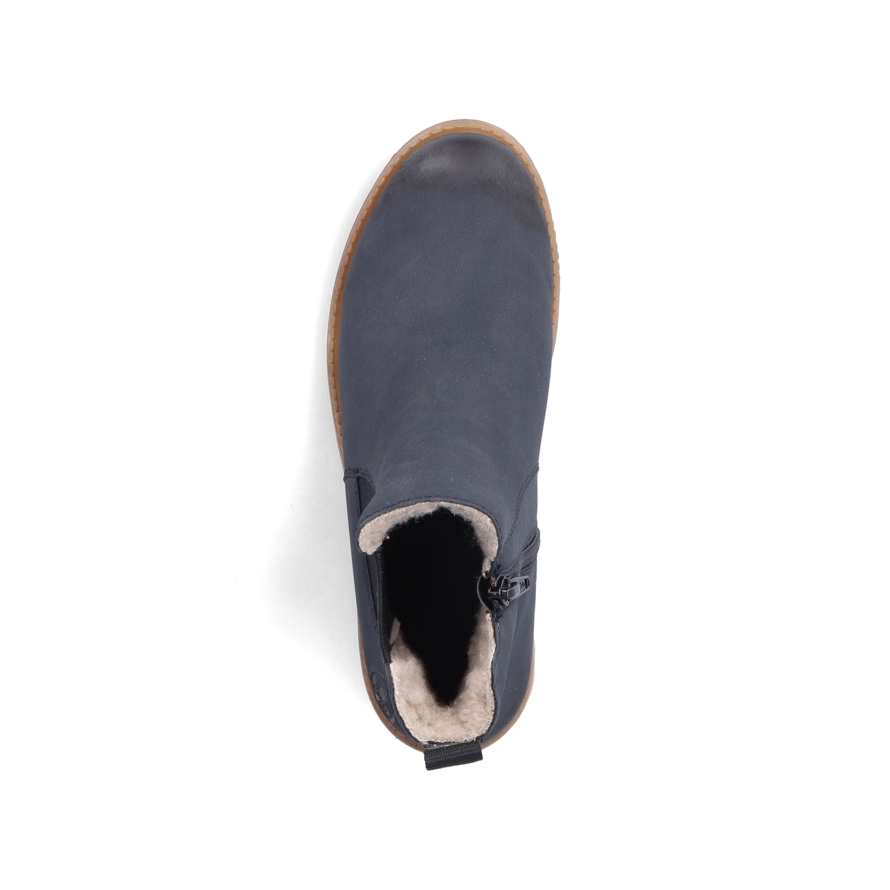 Atlantikblaue Rieker Damen Chelsea Boots 73250-14 mit einem Reißverschluss. Schuh von oben.
