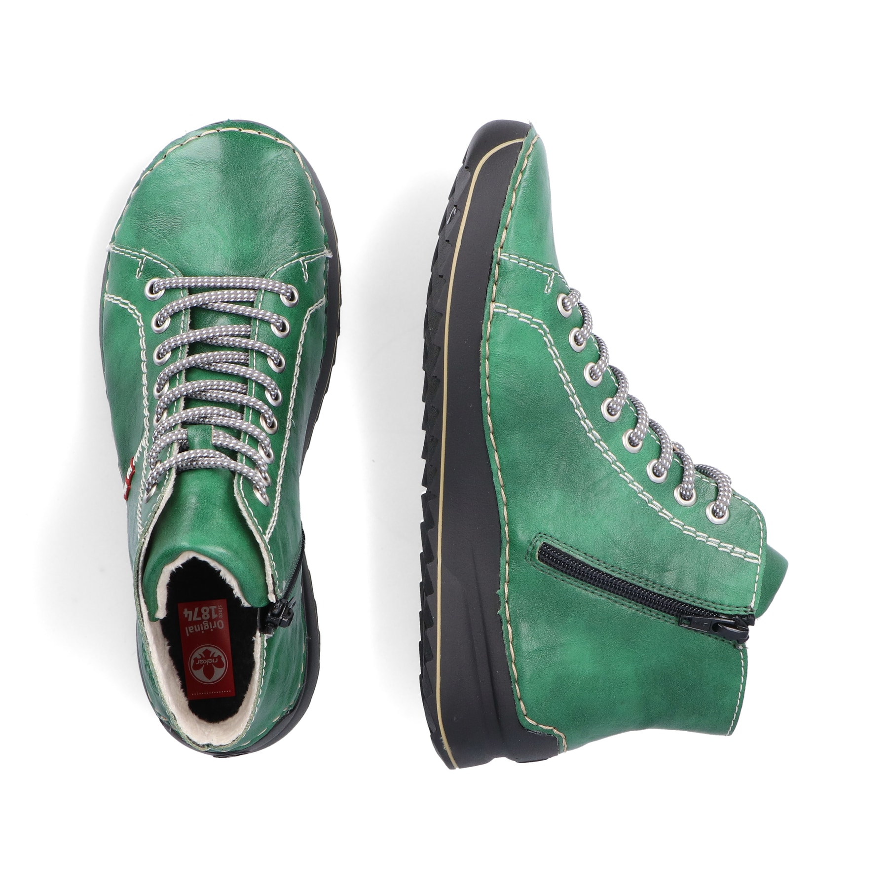 Hellgrüne Rieker Damen Schnürstiefel 71510-52 mit gestickten Details. Schuh von oben, liegend.