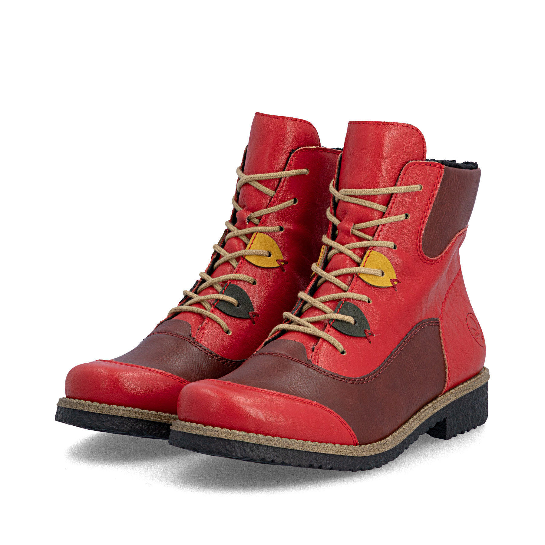 Rote Rieker Damen Schnürstiefel 73510-33 mit farbenfrohen Details. Schuhpaar seitlich schräg.