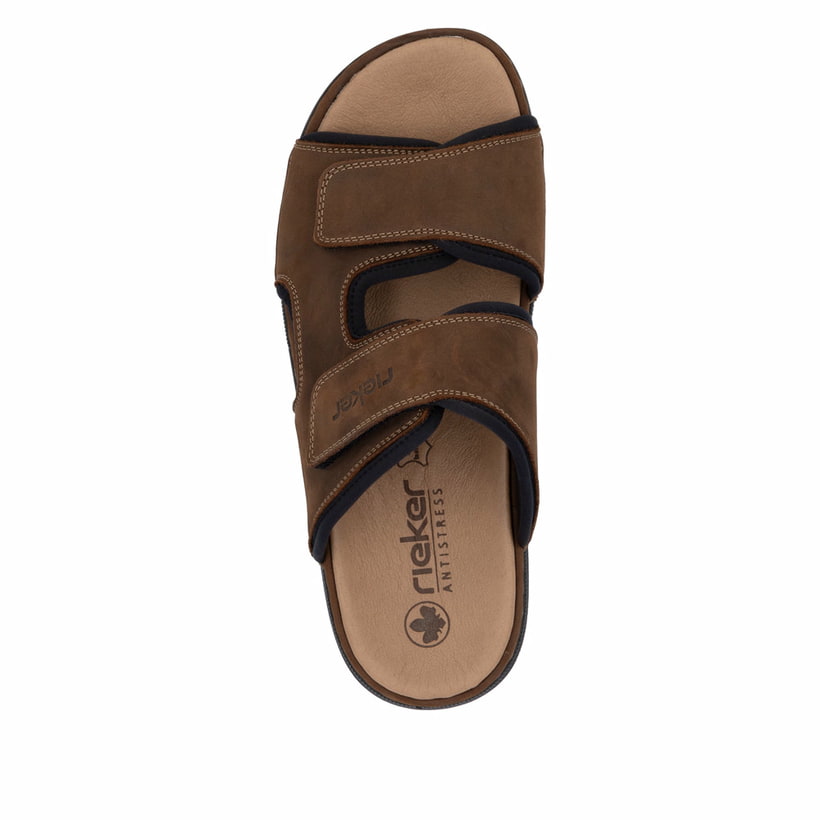 Mules Rieker marron homme 25559-25 en cuir velours avec fermeture velcro. Chaussure vue de dessus.