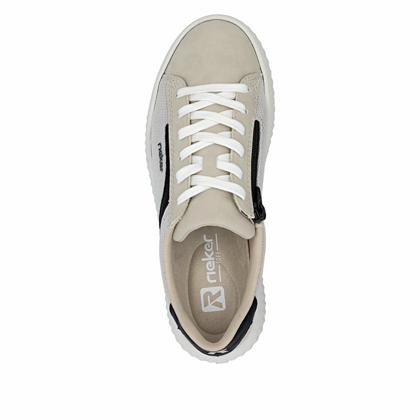 Beigeschwarze Rieker Damen Sneaker Low N9900-60 mit einem Reißverschluss. Schuh von oben.
