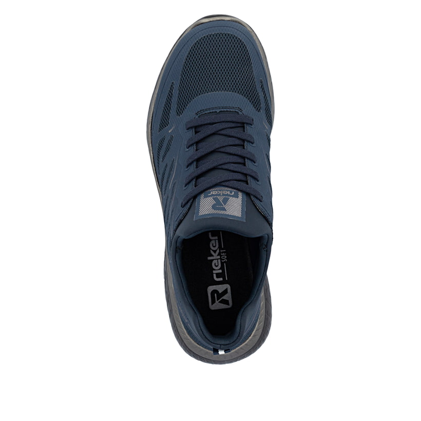 Vegane, dunkelblaue Rieker Damen Slipper M5080-14 mit einem Gummizug. Schuh von oben.