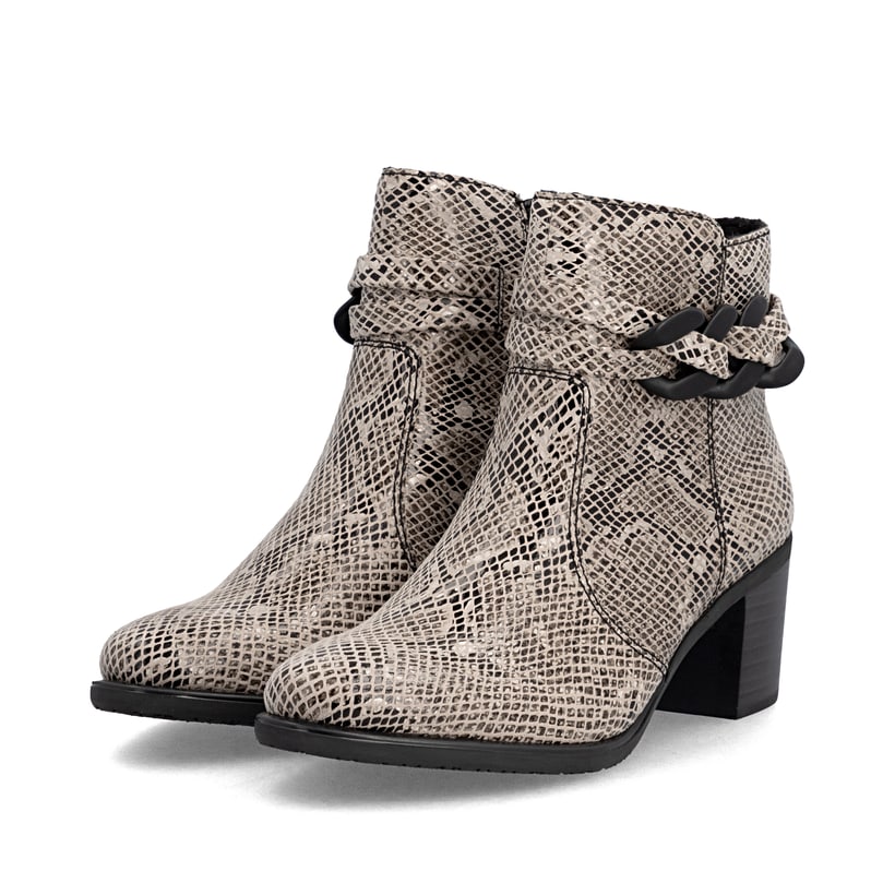 Beige-schwarze Rieker Damen Stiefeletten Y2066-64 mit Deko-Kette. Schuhpaar seitlich schräg.
