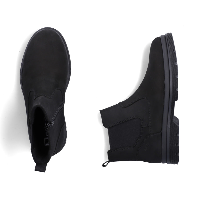 Schwarze Rieker Herren Chelsea Boots F7051-00 aus Rauleder mit Reißverschluss. Schuh von oben, liegend.