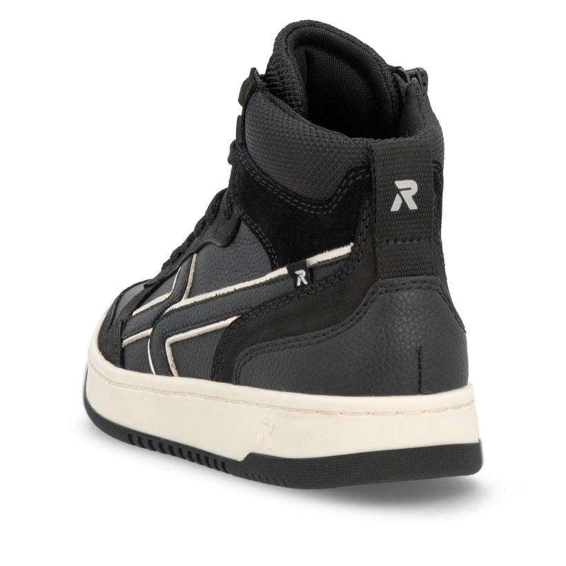 Baskets montantes Rieker noires pour femme W1970-00. Chaussure vue de l'arrière.