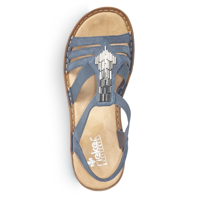 Blaue Rieker Damen Riemchensandalen 60800-14 mit Schmuckelementen sowie Gummizug. Schuh von oben.