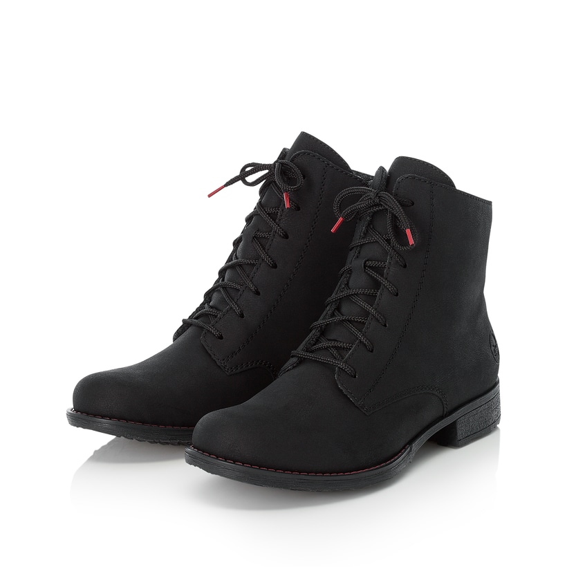 Graphitschwarze Rieker Damen Schnürstiefel 70821-00 mit einem Reißverschluss. Schuhpaar seitlich schräg.