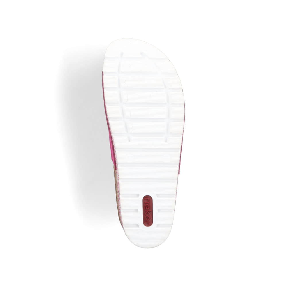 Mules Rieker roses pour femme 69562-31 avec fleur décorative. Semelle extérieure de la chaussure.