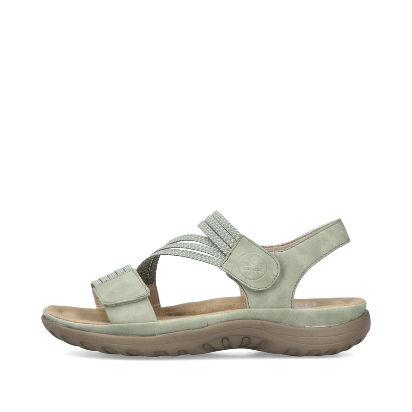 Grüne vegane Rieker Damen Trekkingsandalen 64870-52 mit einem Klettverschluss. Schuh Außenseite.