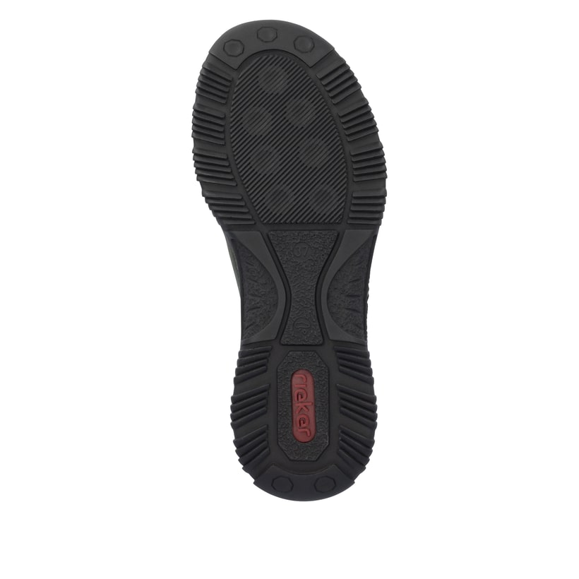 Dunkelgrüne Rieker Damen Slipper N3271-54 mit farbenfrohen Details. Schuh Laufsohle.