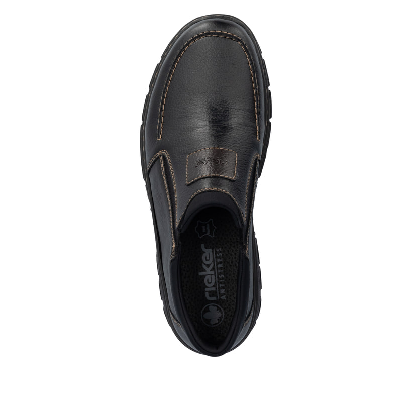 Mocassins Rieker noirs pour hommes 19961-03 avec bande élastique. Chaussure vue de dessus.