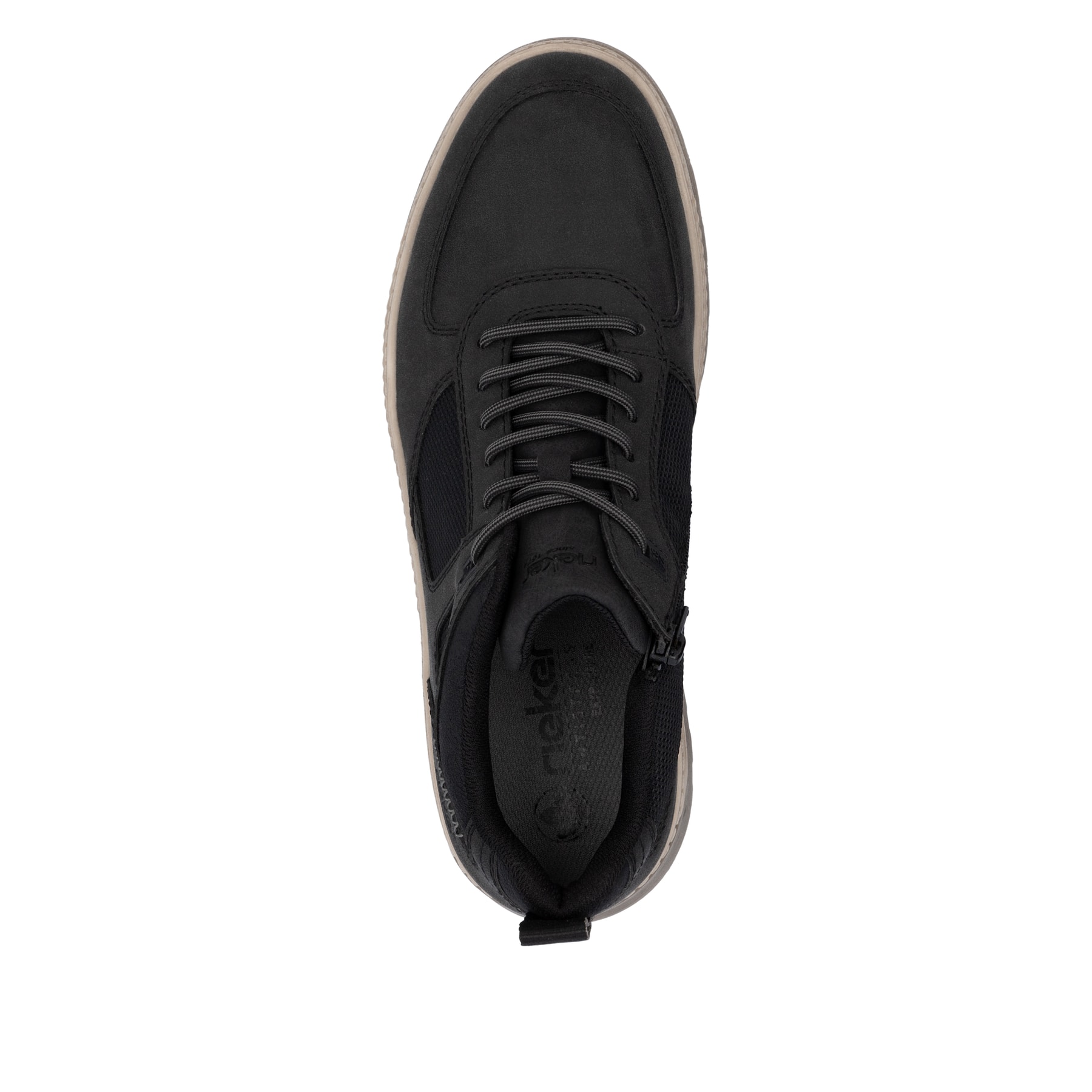 Schwarze Rieker Herren Schnürschuhe 37004-00 mit einem Reißverschluss. Schuh von oben.