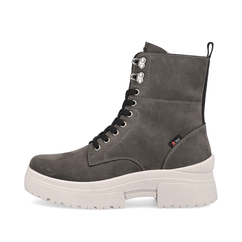 Graue Rieker Damen Schnürstiefel W0371-42 mit wasserabweisender TEX-Membran. Schuh Außenseite.