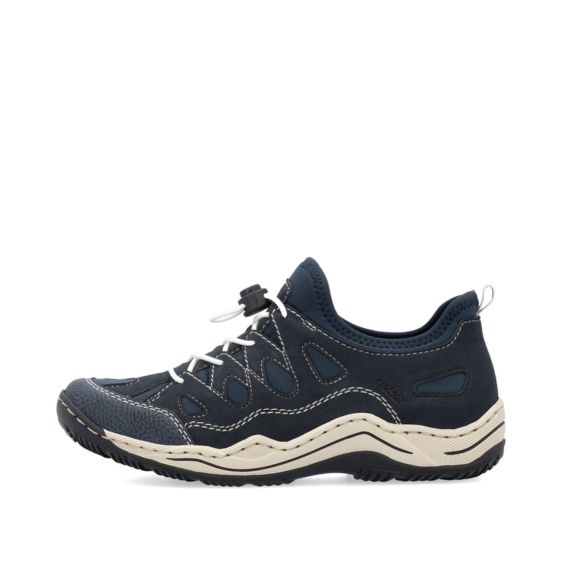 Blaue Rieker Damen Slipper L0551-14 mit einem Gummizug. Schuh Außenseite.