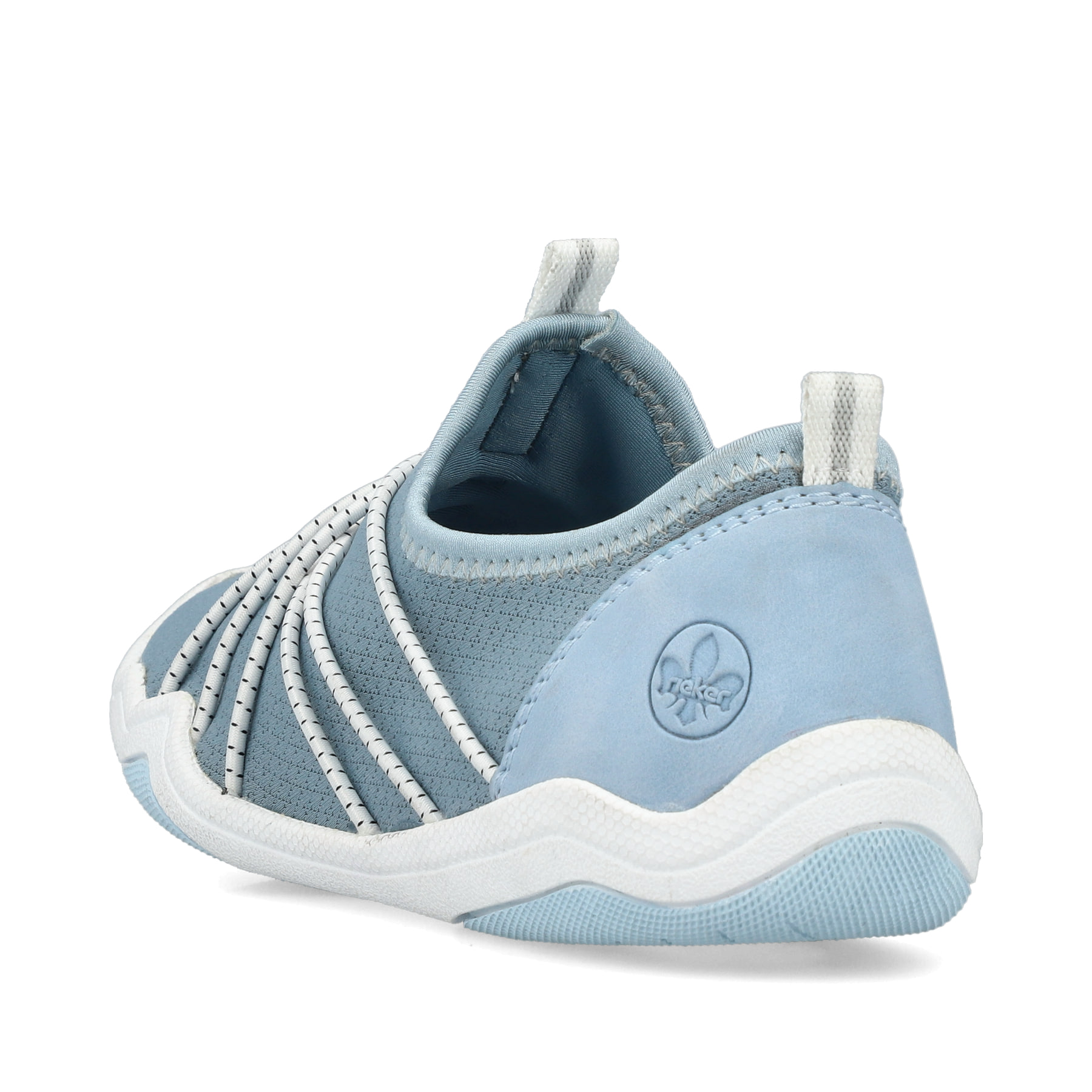 Blaue vegane Rieker Damen Slipper 45260-10, Barfußschuhe mit einem Gummizug. Schuh von hinten.