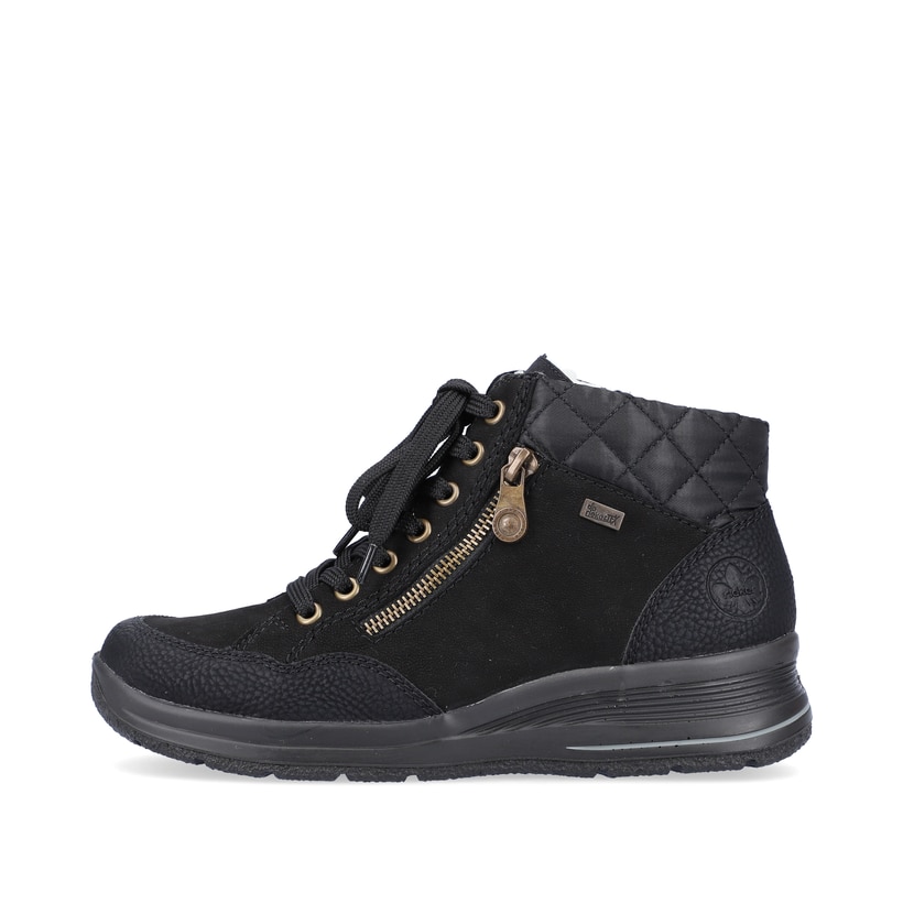 
Tiefschwarze Rieker Damen Schnürschuhe L7701-00 mit Schnürung und Reißverschluss. Schuh Außenseite