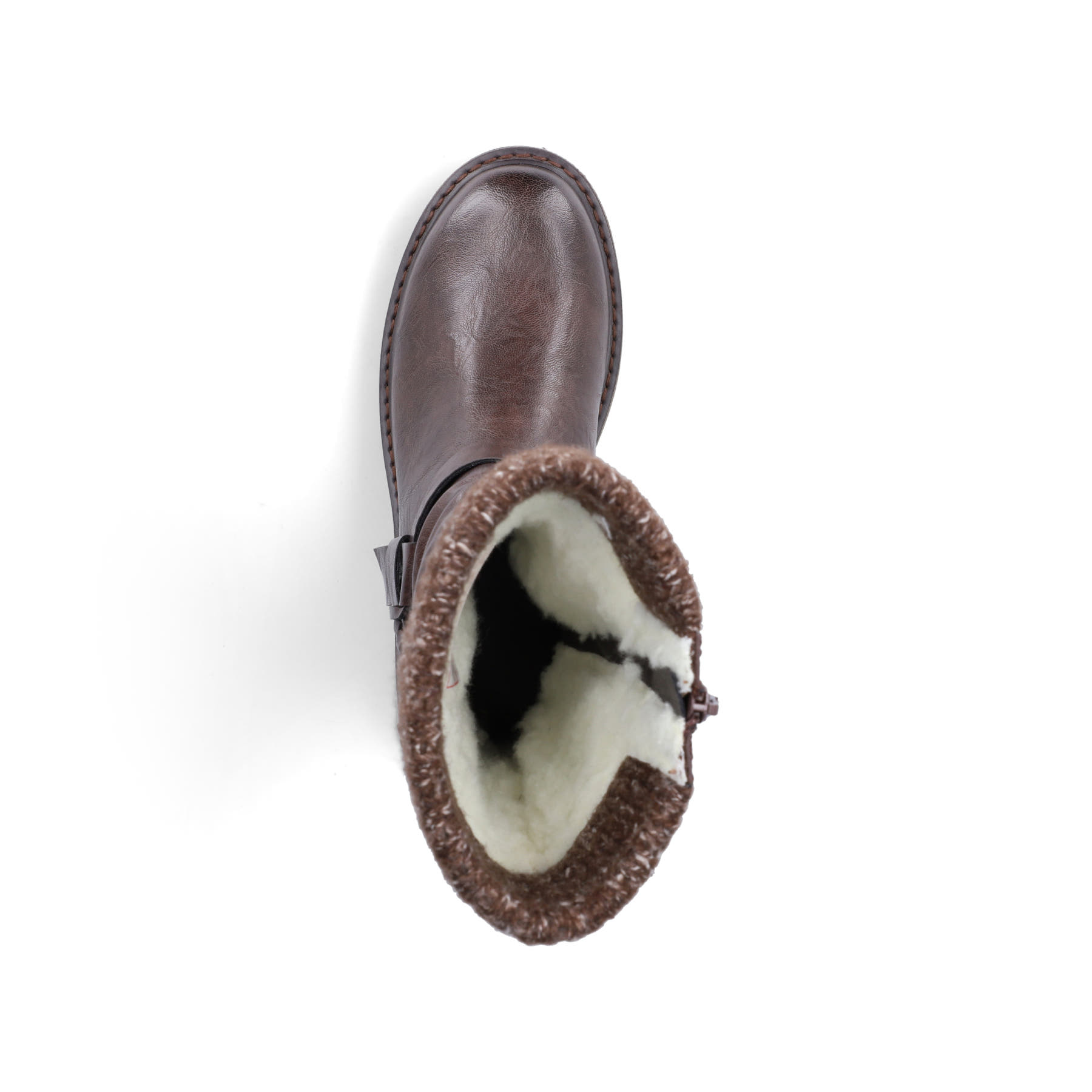 Dunkelbraune Rieker Damen Hochschaftstiefel 92984-25 mit modischer Faltenoptik. Schuh von oben.