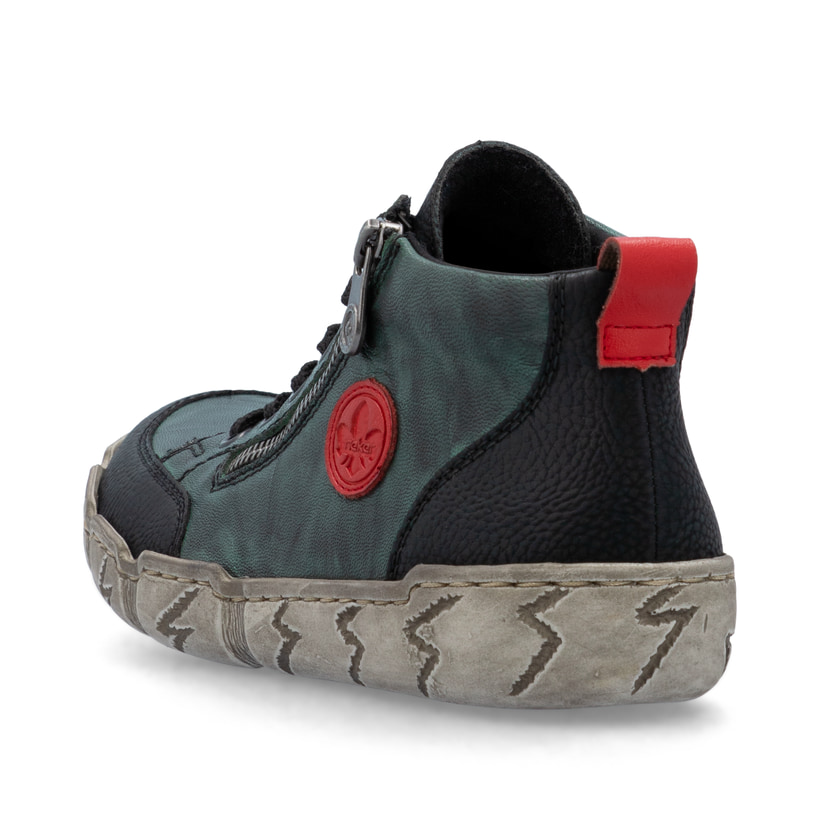 Grünschwarze Rieker Damen Kurzstiefel L0306-54 aus Glattleder mit rundem Logo. Schuh von hinten.
