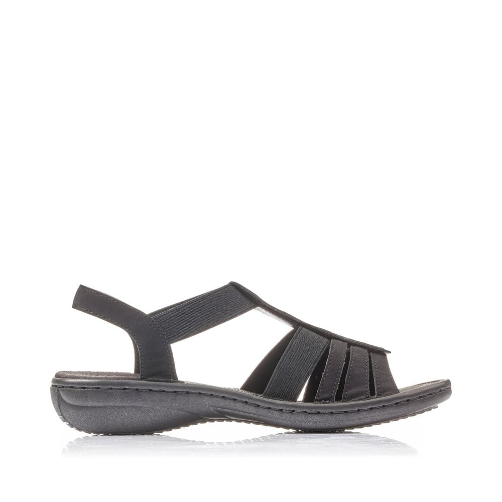 Sandales à lanières Rieker noires femme 60870-00 avec bande élastique. Intérieur de la chaussure.