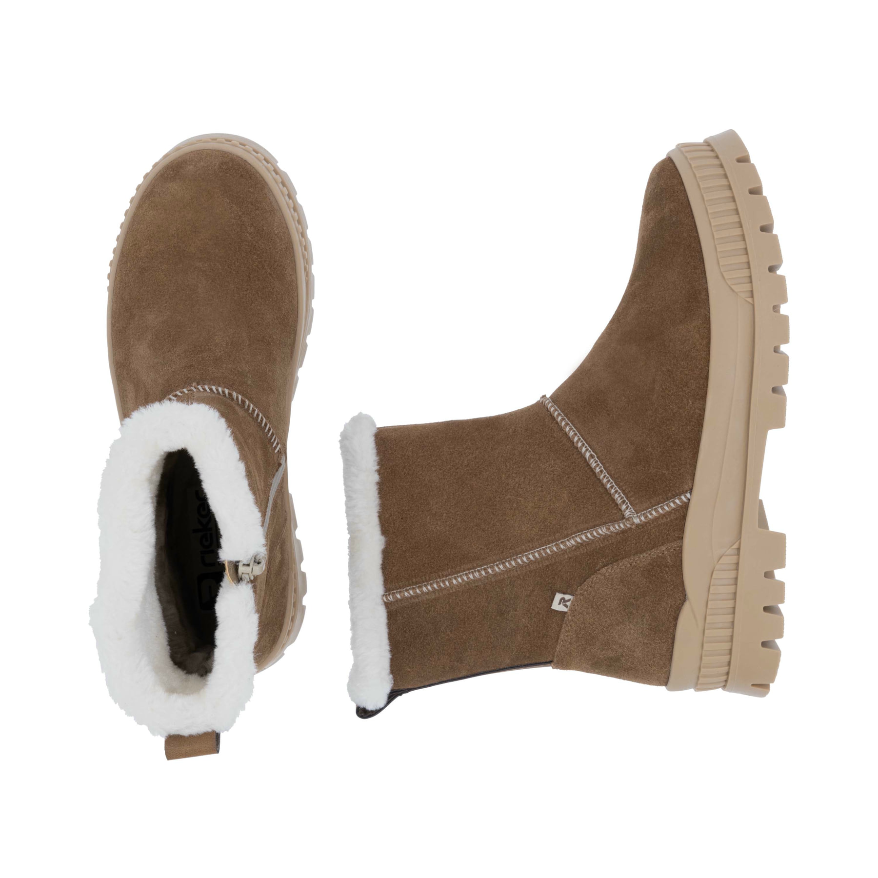 Braune Rieker Damen Kurzstiefel W2172-20 aus Rauleder. Schuh von oben, liegend.