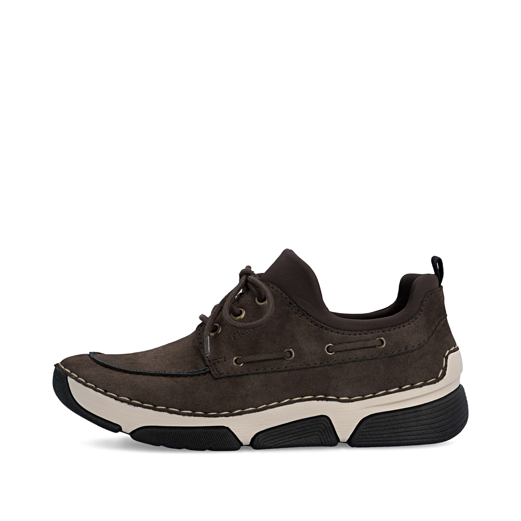 Braune Rieker Damen Slipper 45959-26 mit Gummizug sowie extra weicher Decksohle. Schuh Außenseite.