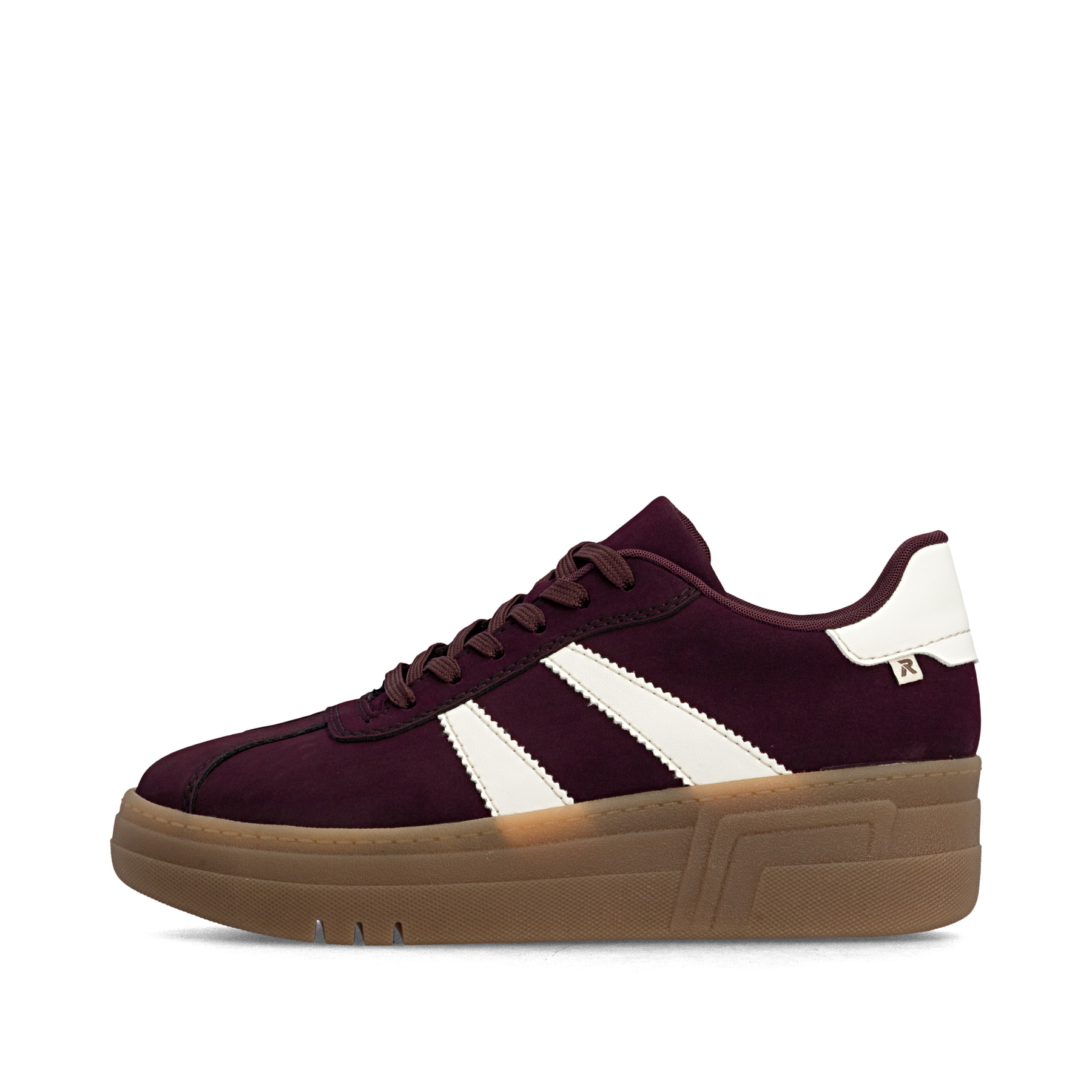 Baskets basses Rieker rouges pour femme M7601-30 avec lacets. Côté extérieur de la chaussure.