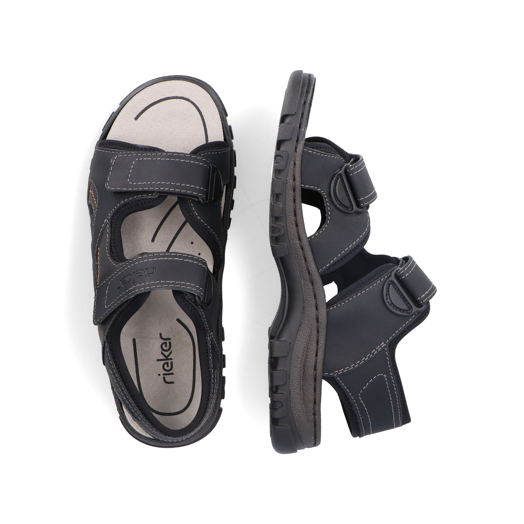 Schwarze Rieker Herren Trekkingsandalen 25053-00 mit einem Klettverschluss. Schuh von oben, liegend.