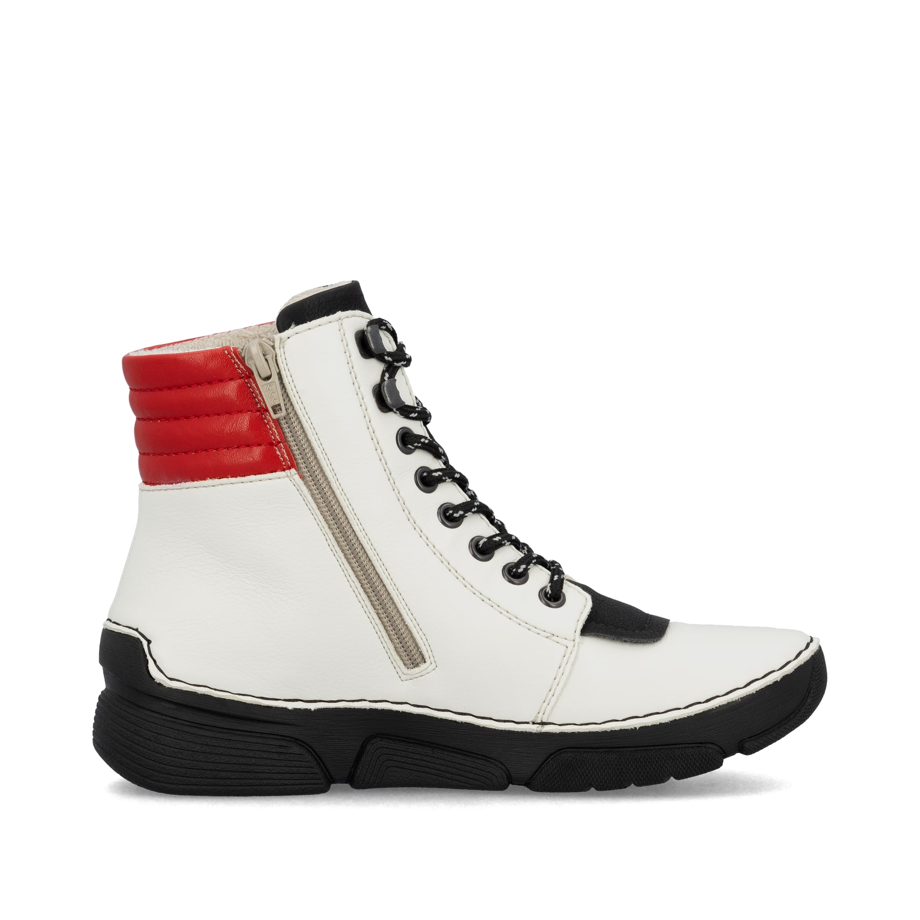Weißschwarze Rieker Damen Schnürstiefel 45904-60 mit einem Reißverschluss. Schuh Innenseite.