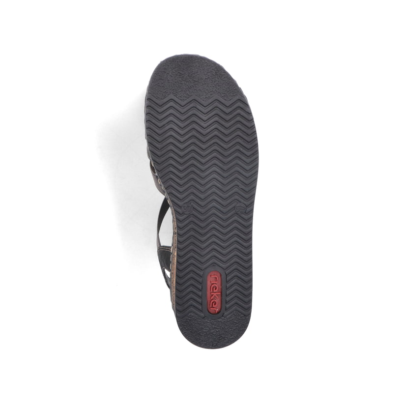 Graue Rieker Keilsandaletten 62949-45 mit Schmuckelementen sowie einem Gummizug. Schuh Laufsohle.