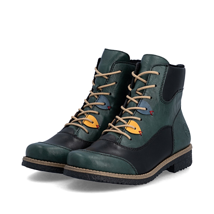 Blau-schwarze Rieker Damen Schnürstiefel 73510-90 mit farbenfrohen Details. Schuhpaar seitlich schräg.