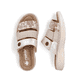 Beige Rieker Damen Pantoletten V8583-90 mit einem Klettverschluss. Schuh von oben, liegend.