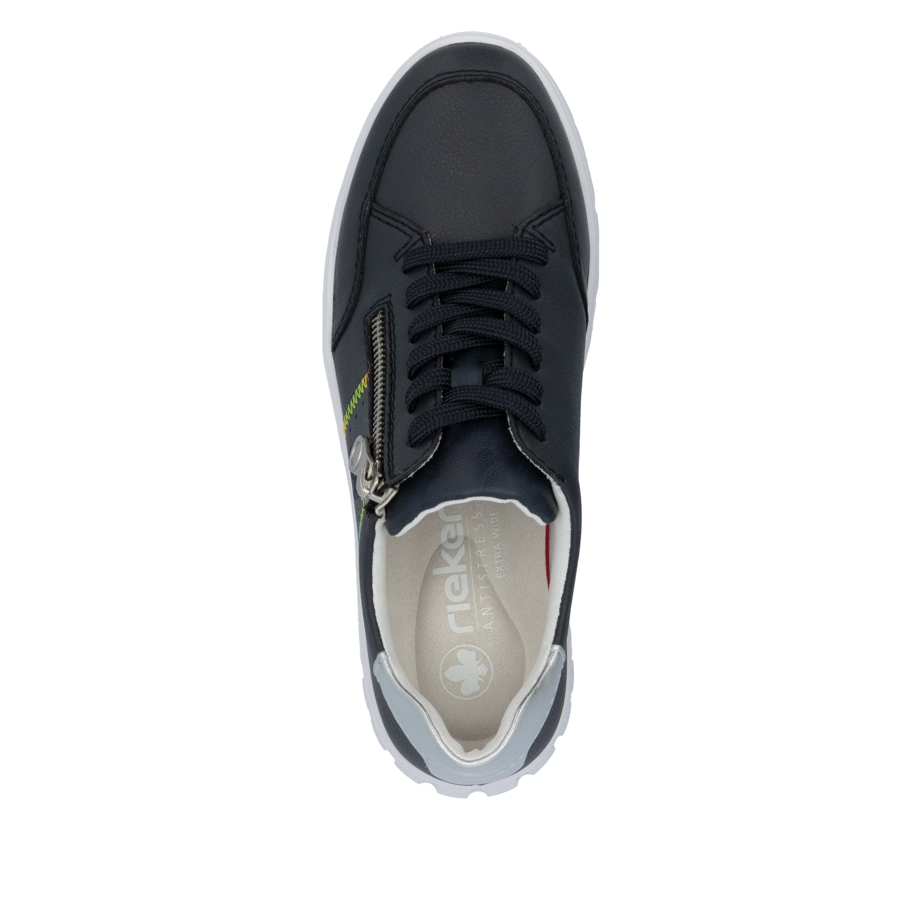 Baskets basses Rieker bleues pour femme N1313-14 avec fermeture éclair. Chaussure vue de dessus.