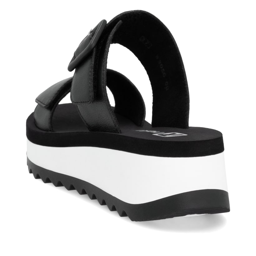 Schwarze Rieker Damen Pantoletten W3050-00 mit einem Klettverschluss. Schuh von hinten.