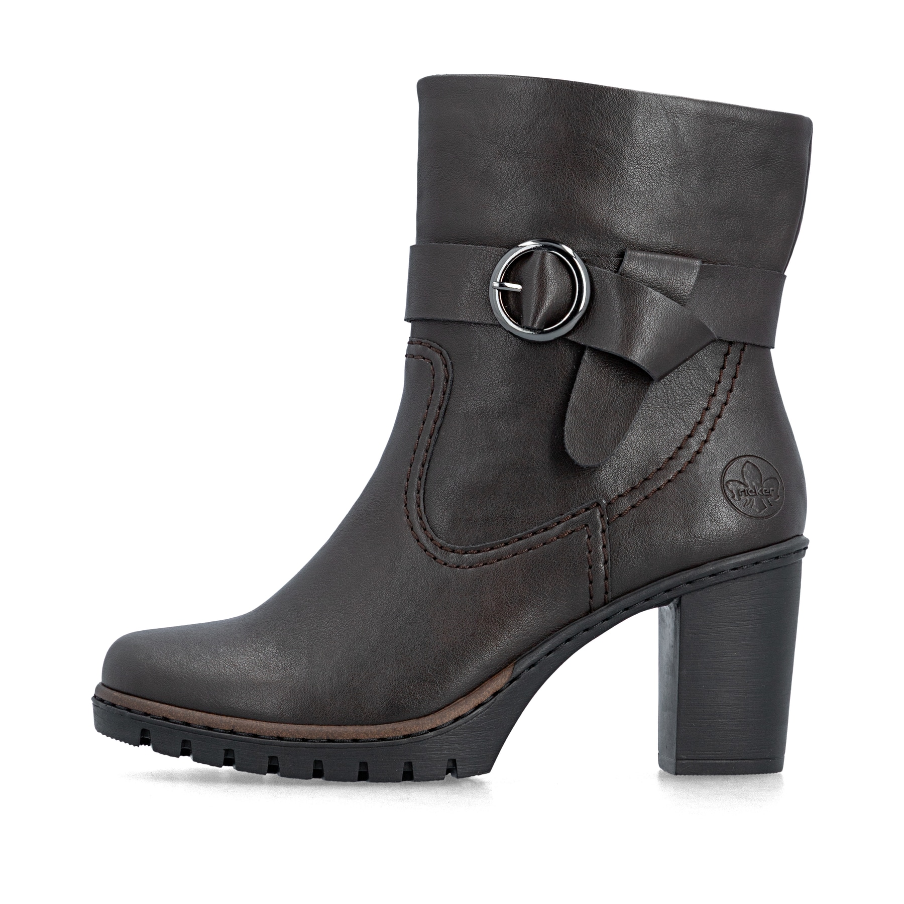 Dunkelbraune Rieker Damen Stiefeletten Y2590-25 mit einem Reißverschluss. Schuh Außenseite.