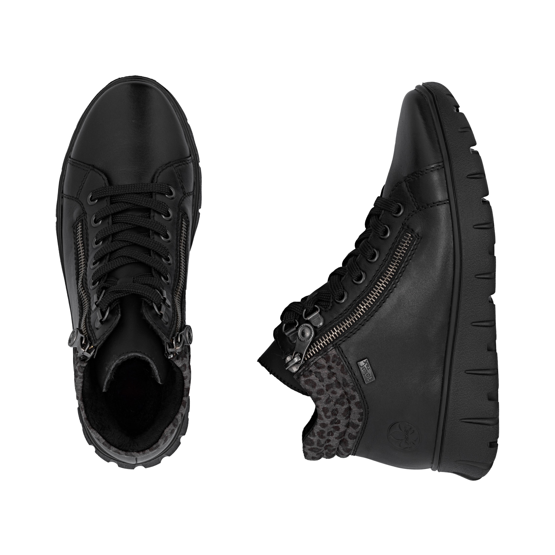 Schwarze Rieker Damen Schnürstiefel N1305-00 aus Glattleder. Schuh von oben, liegend.