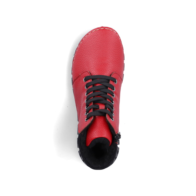 Rot-schwarze Rieker Damen Schnürstiefel 57511-33 mit einem Reißverschluss. Schuh von oben.
