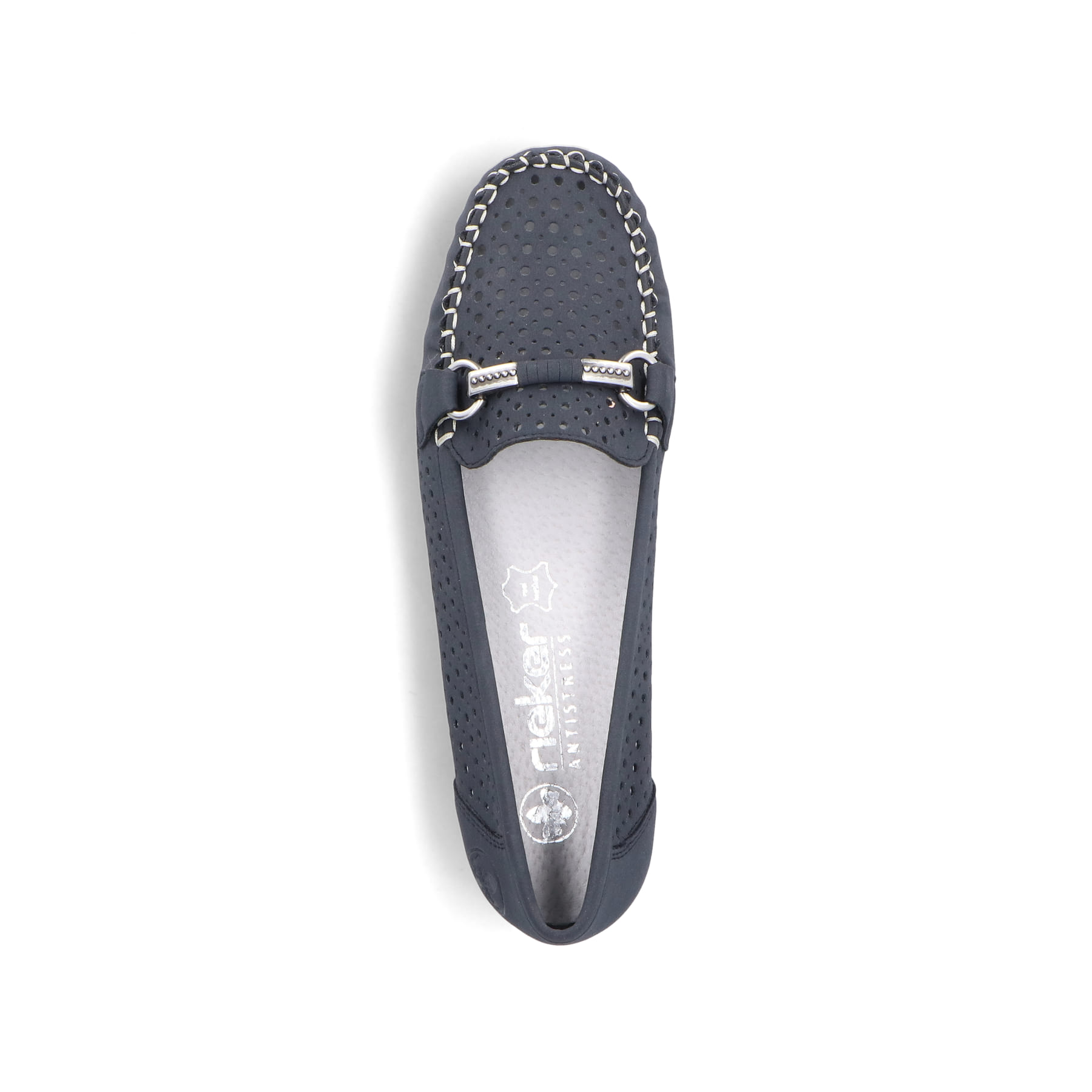 Blaue Rieker Damen Loafer 40065-15 mit der schmalen Passform E 1/2. Schuh von oben.