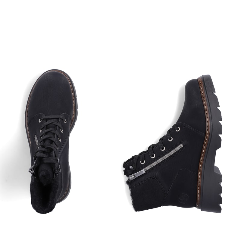 Schwarze Rieker Damen Schnürstiefel 76720-00 mit einem Reißverschluss. Schuh von oben, liegend.