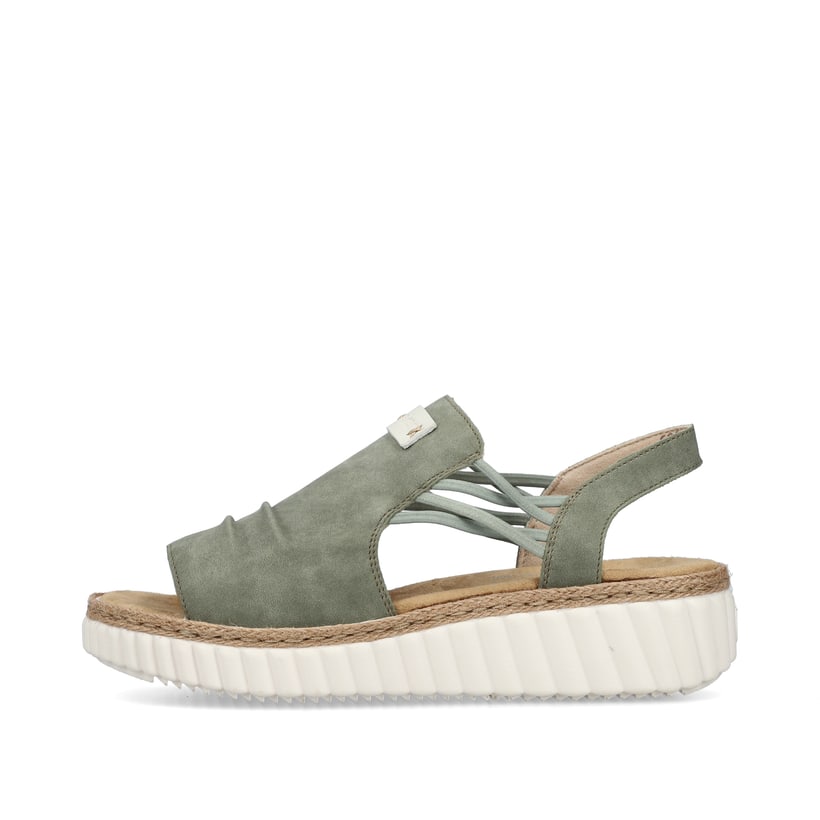 Grüne Rieker Keilsandaletten 69262-52 mit modischen Raffungen sowie Gummizug. Schuh Außenseite.