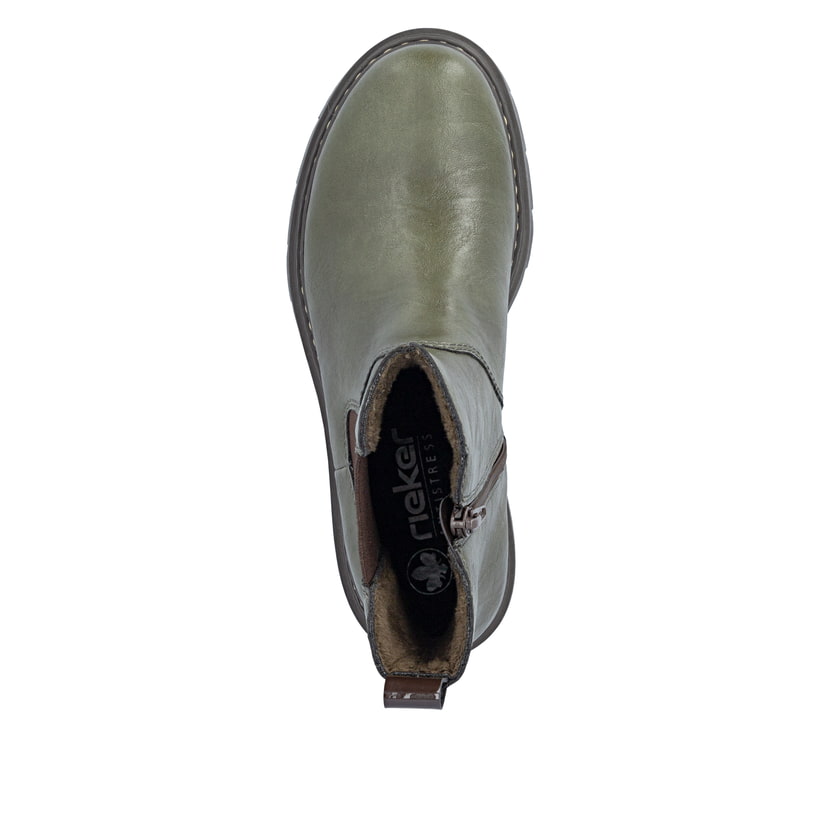Dunkelgrüne Rieker Damen Chelsea Boots 76750-54 mit einem Reißverschluss. Schuh von oben.