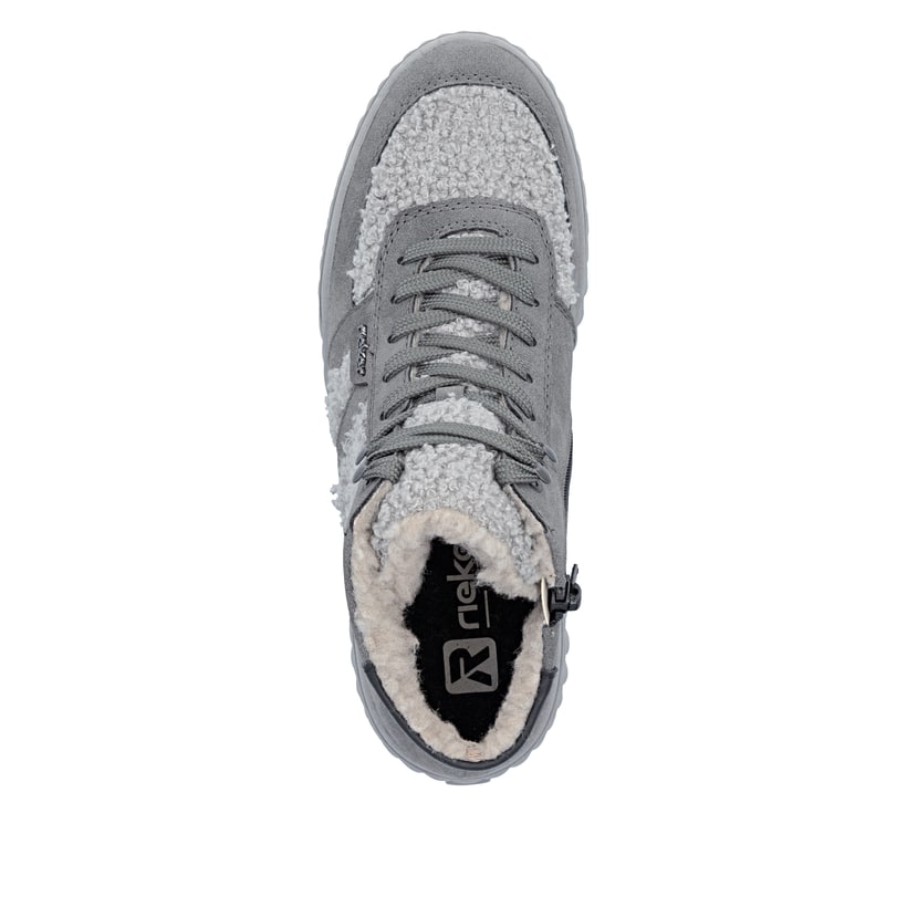Dunkelgraue Rieker Damen Sneaker High N2515-45 mit Teddyfell-Details. Schuh von oben.