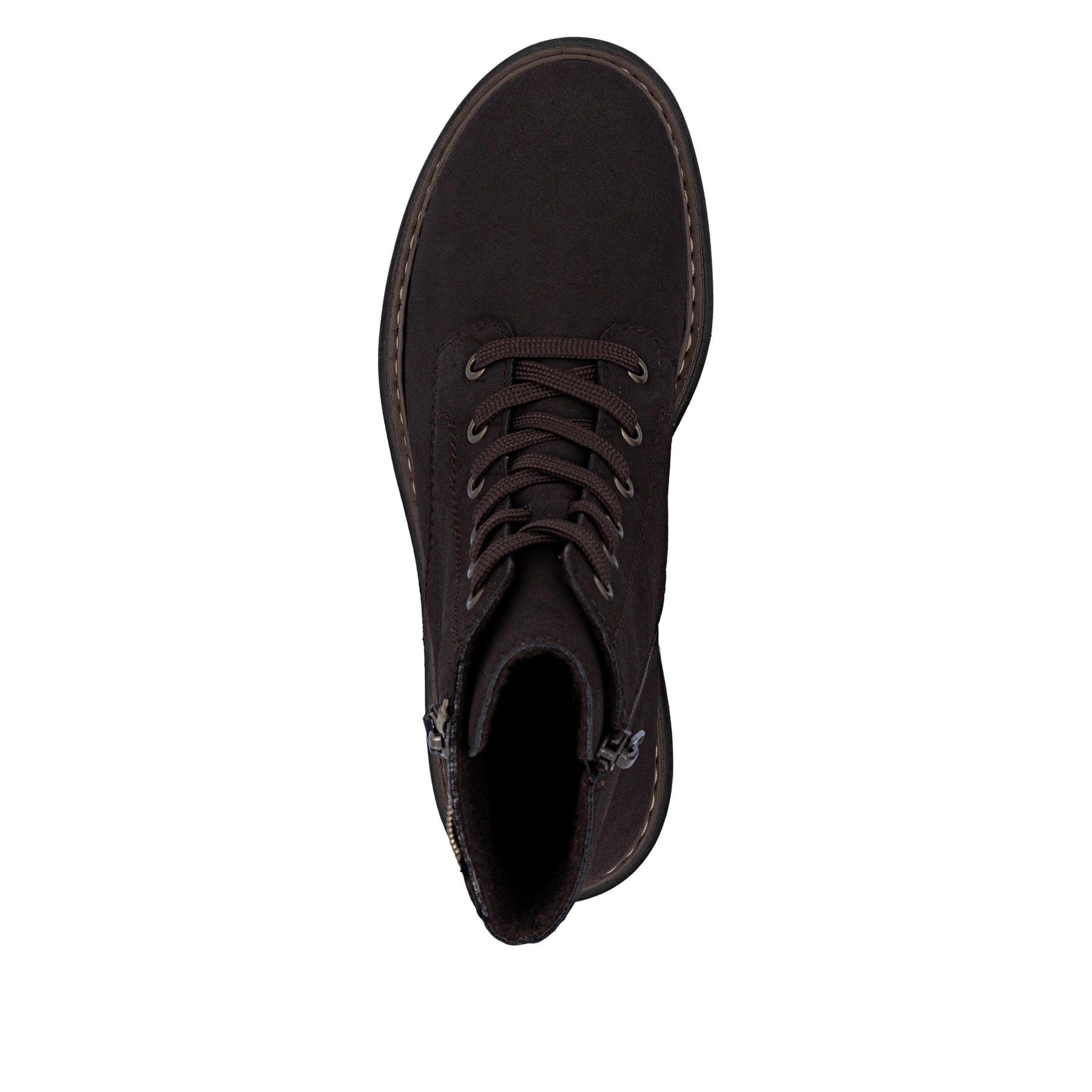 Dunkelbraune Rieker Damen Biker Boots 72617-25 mit Deko-Reißverschluss. Schuh von oben.