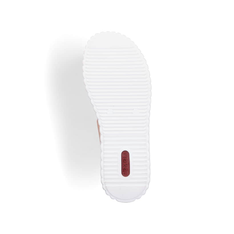 Orangene Rieker Damen Pantoletten 63294-38 mit einem Klettverschluss. Schuh Laufsohle.