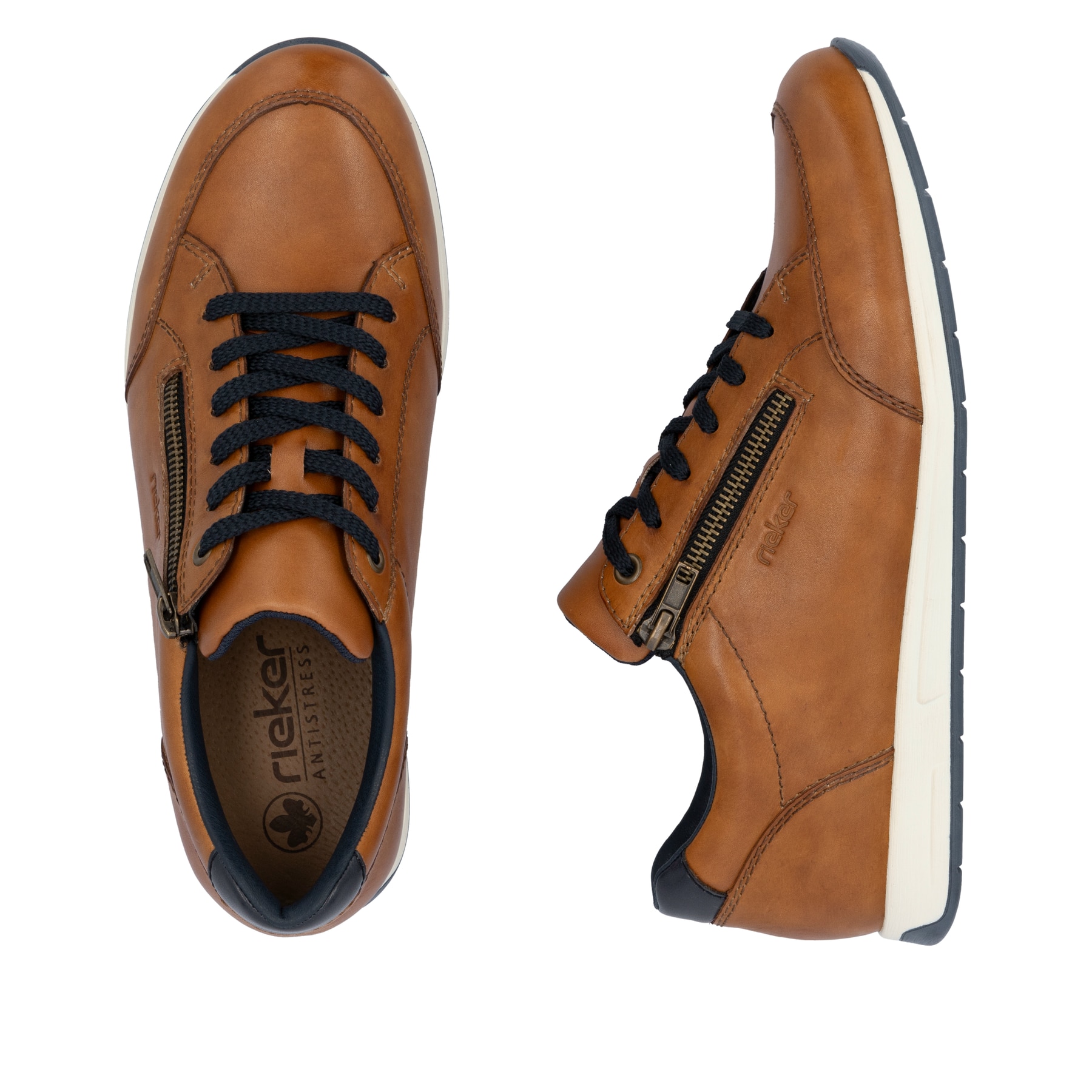 Braune Rieker Herren Sneaker Low 11903-24 mit einem Reißverschluss. Schuh von oben, liegend.