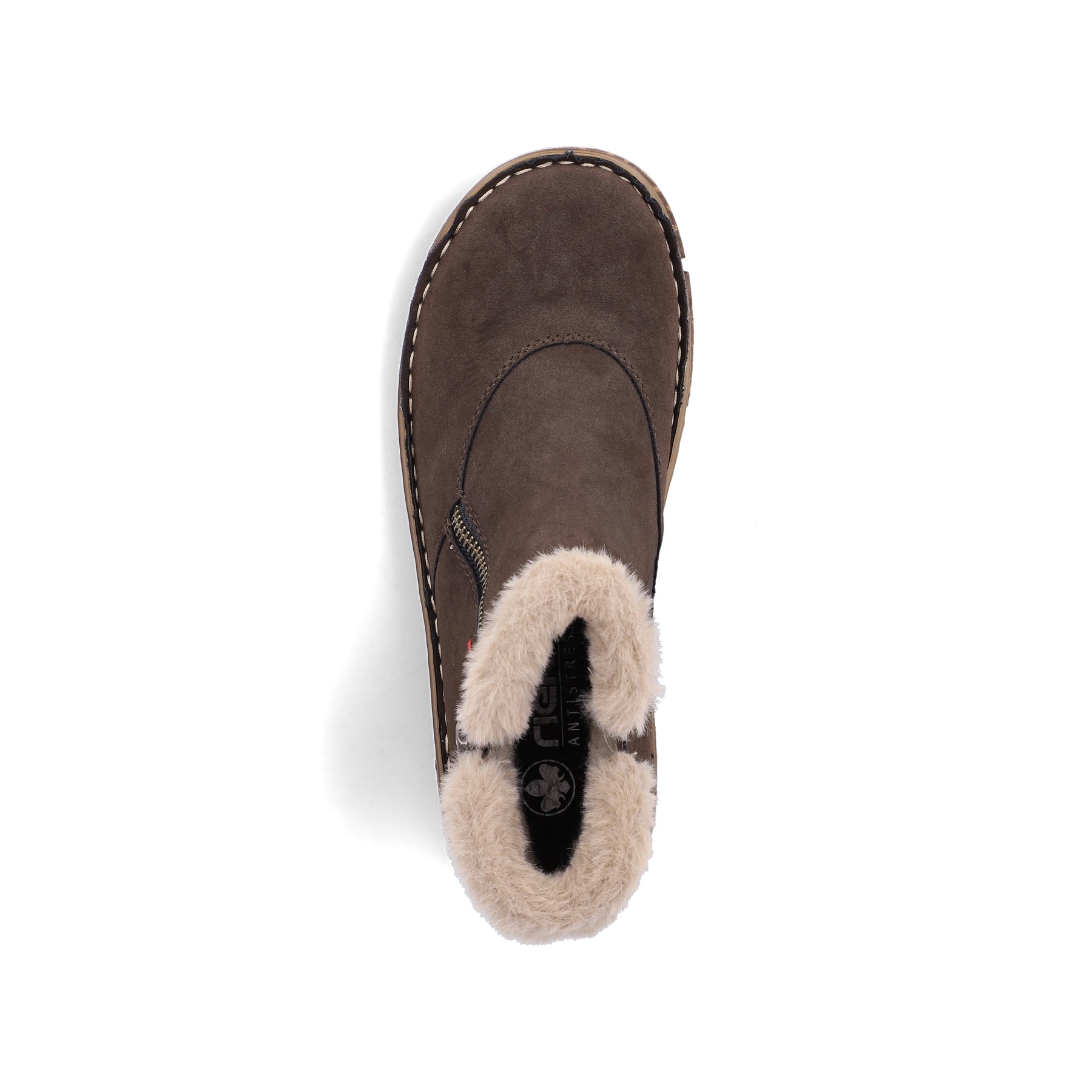Dunkelbraune Rieker Damen Kurzstiefel Z3753-25 mit weichem Kragen. Schuh von oben.